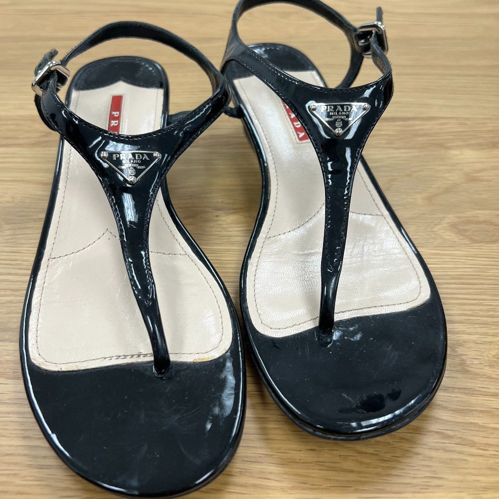 Prada Black Patent Leather Wedge Sandal